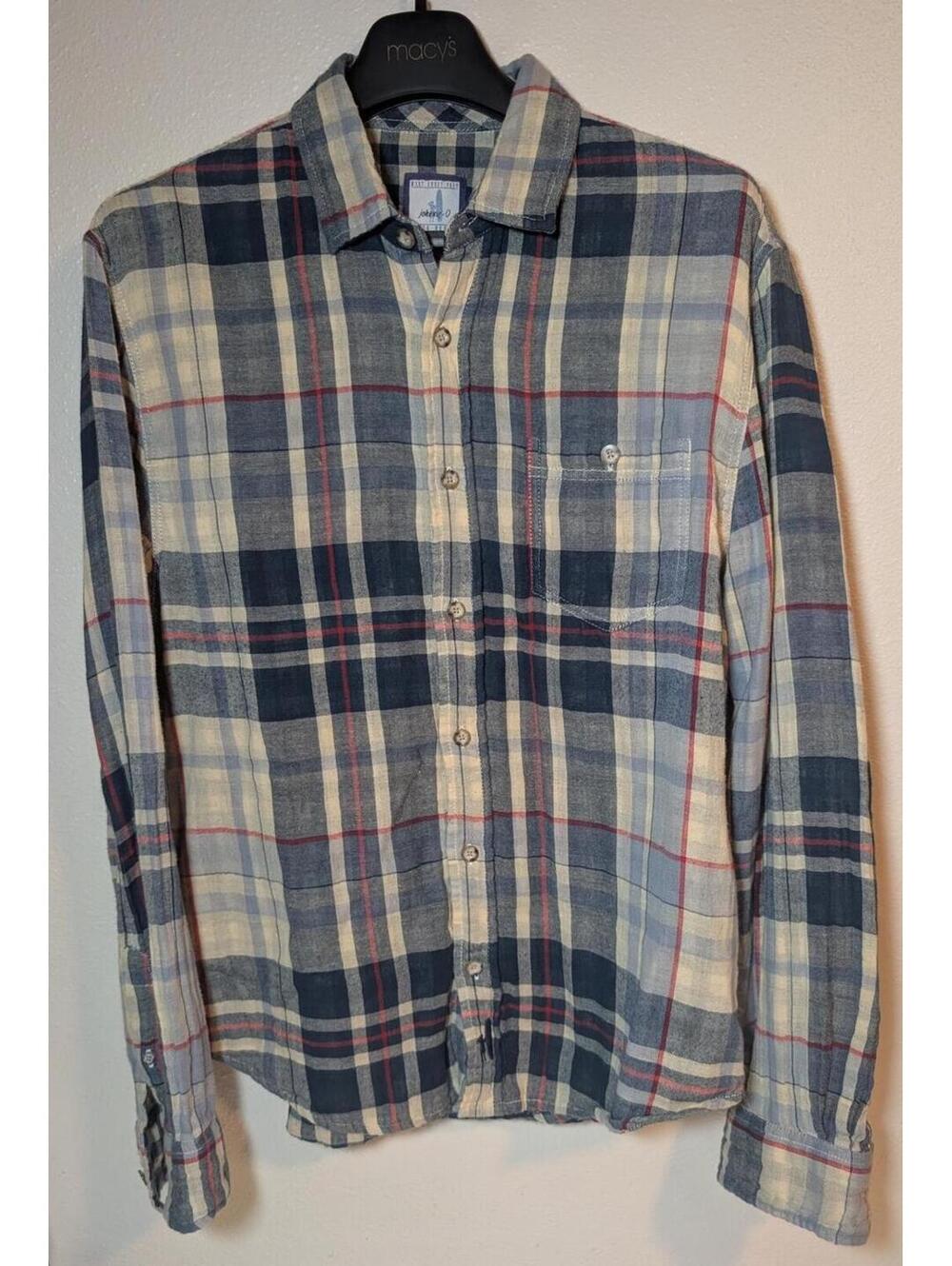 Johnnie-O Men's Medium Blue Red Cream 100% Cotton Plaid Button-Up Shirt